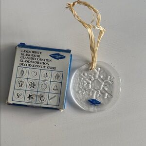 Vintage Nuutajarvi Glass Christmas Ornament with Original Box Snowflake Pattern